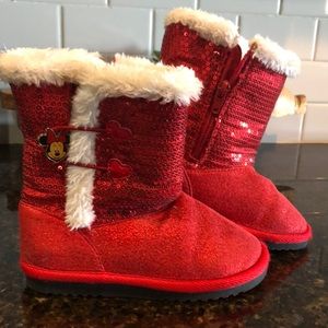 Disney Minnie Mouse fur slip on red glitter and sequin boots girls